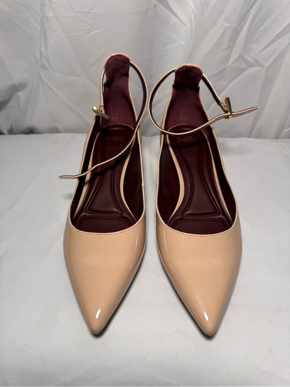 Sarto Nude Patent Pointed-Toe Ankle-Strap Flats